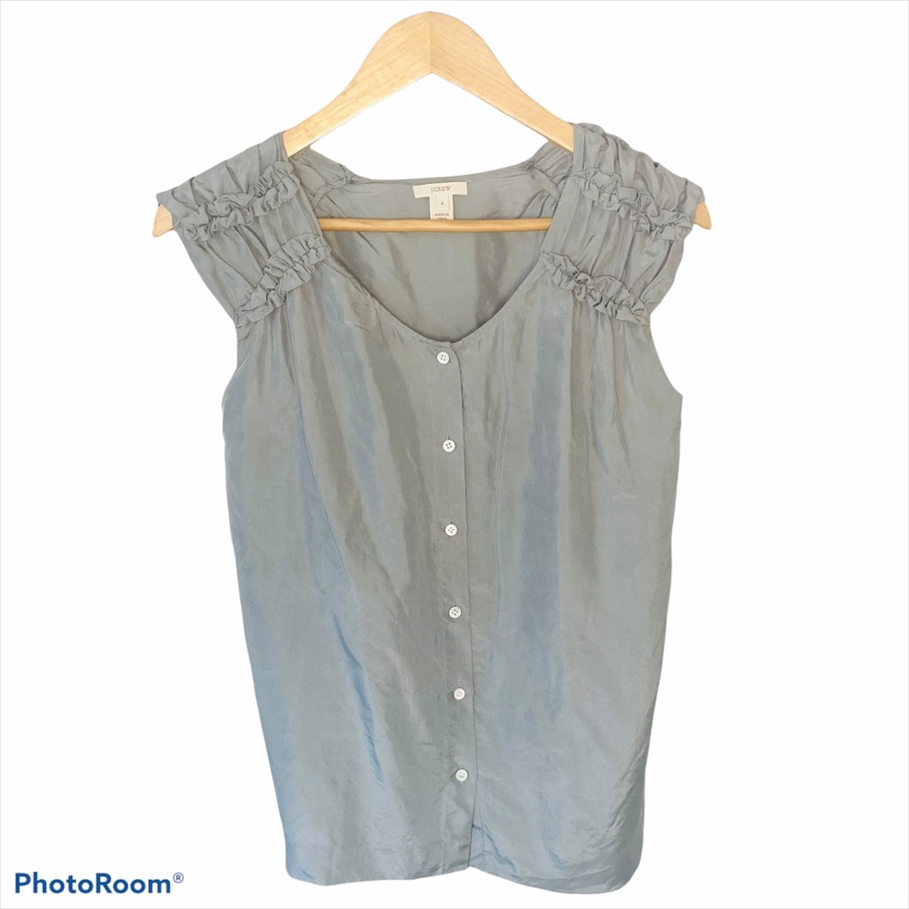 J CREW Silk Ruffle Sleeve Button Front Blouse Gray